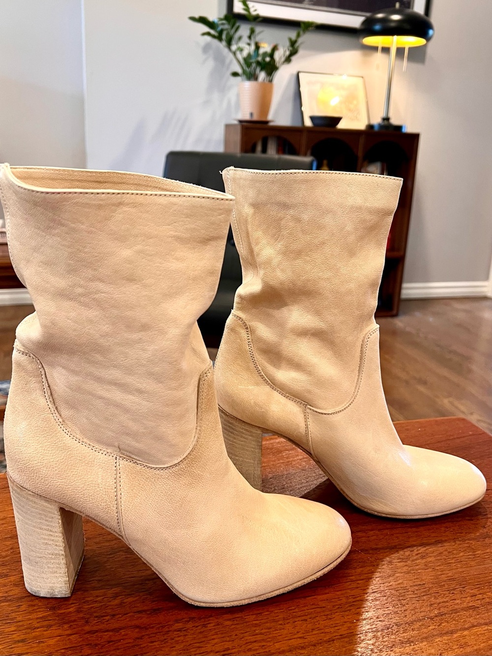 Free People Dakota Mid-Calf Slouchy Genuine Leather Block Heel Boots Bone Beige